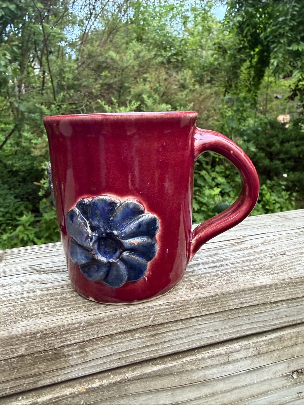 Ceramic Mug With Handle Cranberry Red And Blue 2 Florets 2 C As is
